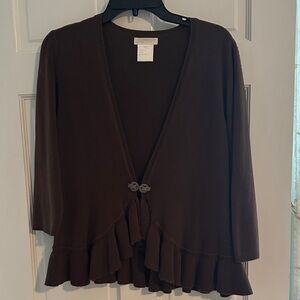Chocolate brown ruffle-trim cardigan with rhinestone clasp, PXL